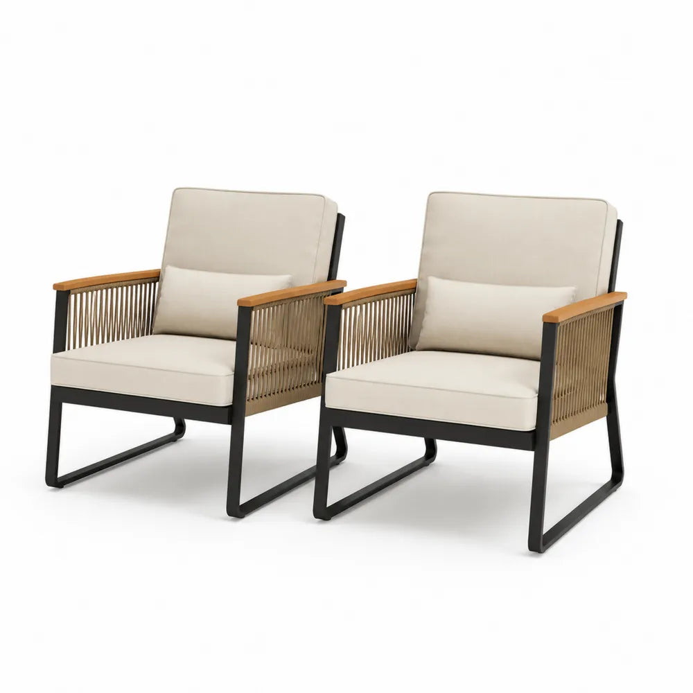 Gartenstühle Set 2 Stück Aluminiumgestell PE Geflecht Polyester Kissen Beige Schwarz 65 x 75 x 85 cm