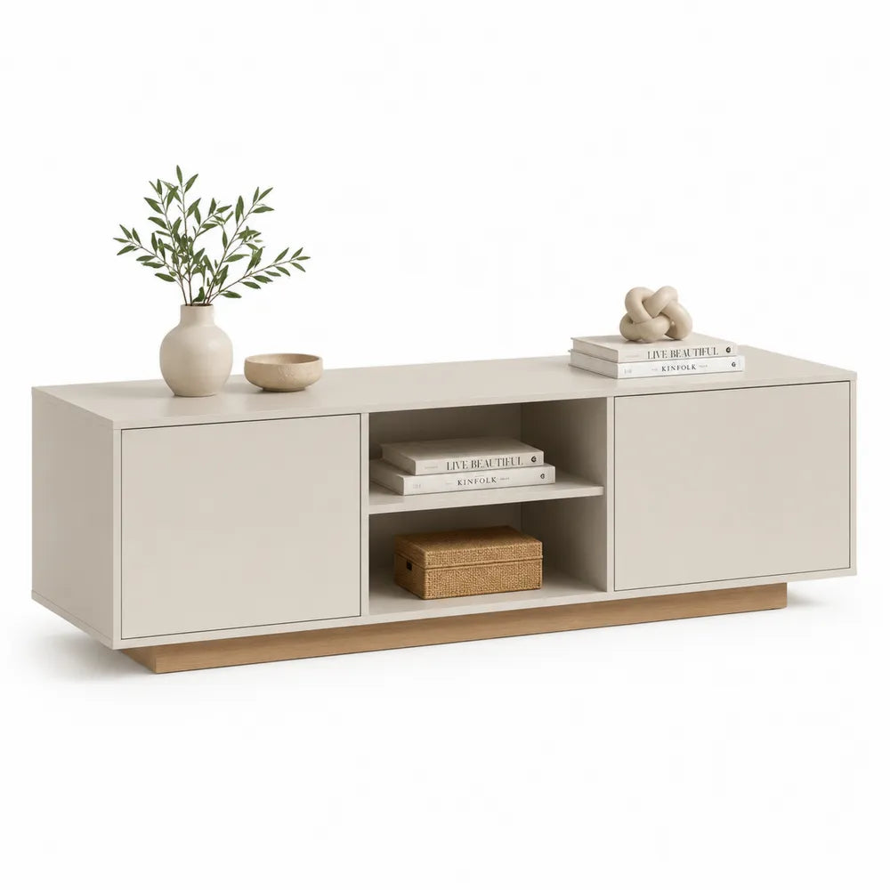 TV Lowboard 200 x 40 cm MDF mit Türen offenen Fächern Sockel Beige Eiche Rechteckig
