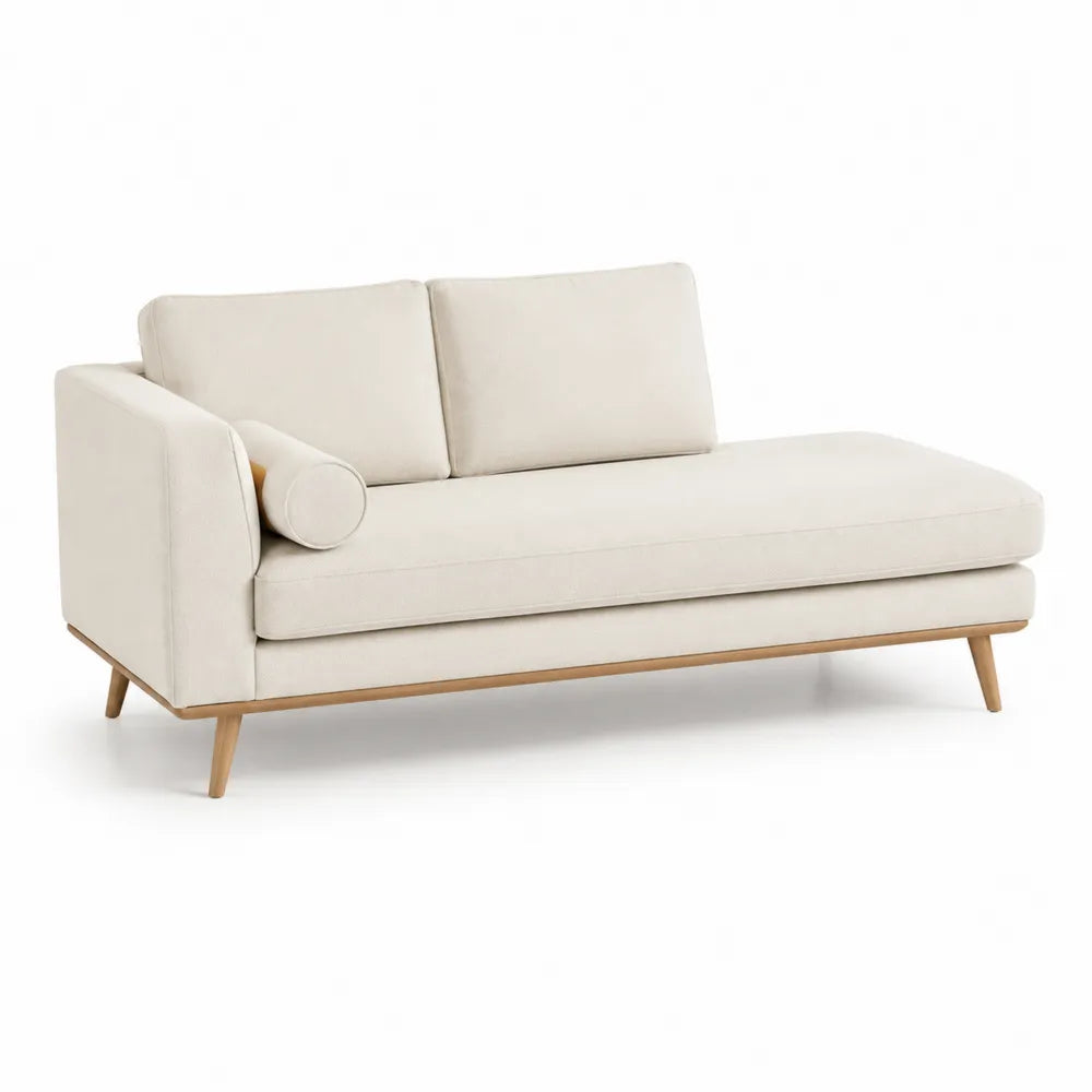 Chaiselongue Sofa 3-Sitzer Stoff Beige Holzbeine 220 x 90 x 85 cm