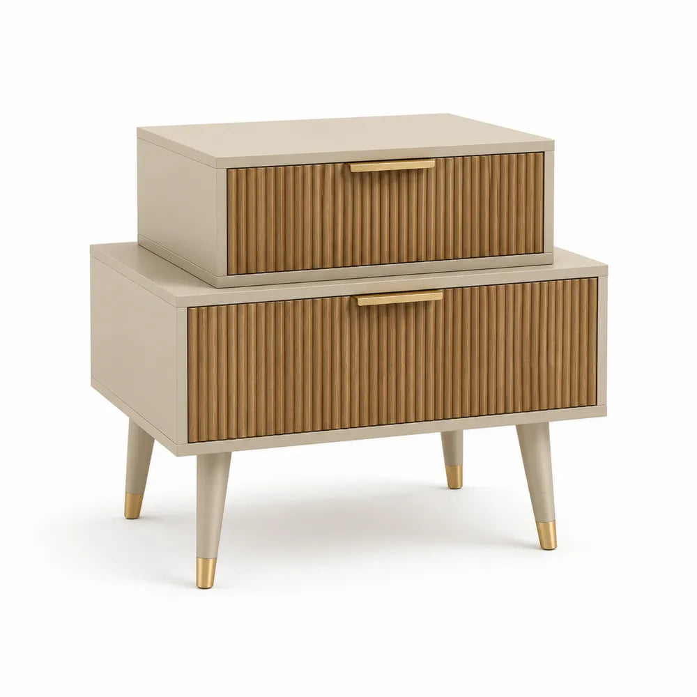 Nachttisch Kommode 60 x 40 x 55 cm MDF mit Stahlbeinen Rechteckig Beige Natur Gold