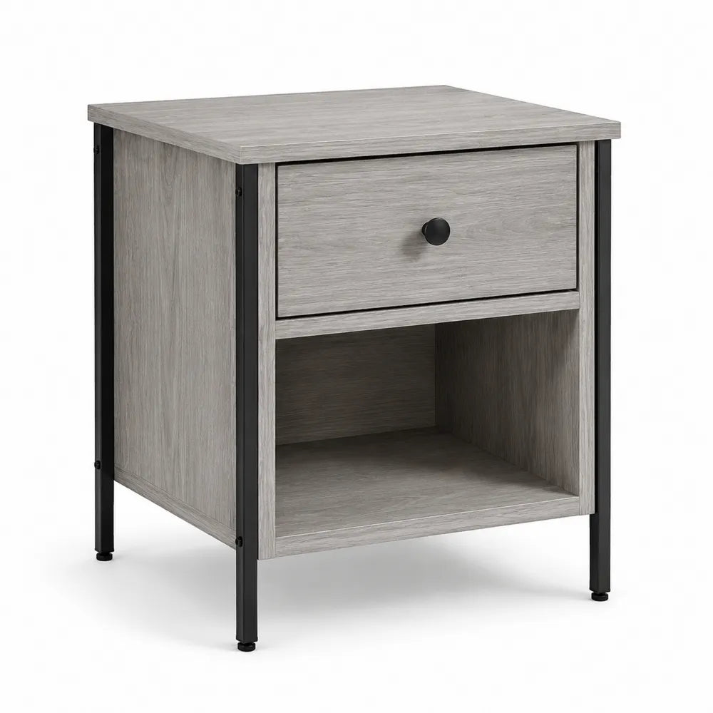 Nachttisch 50 x 40 cm MDF mit Schublade Ablagefach Metallgestell Grau Schwarz Rechteckig
