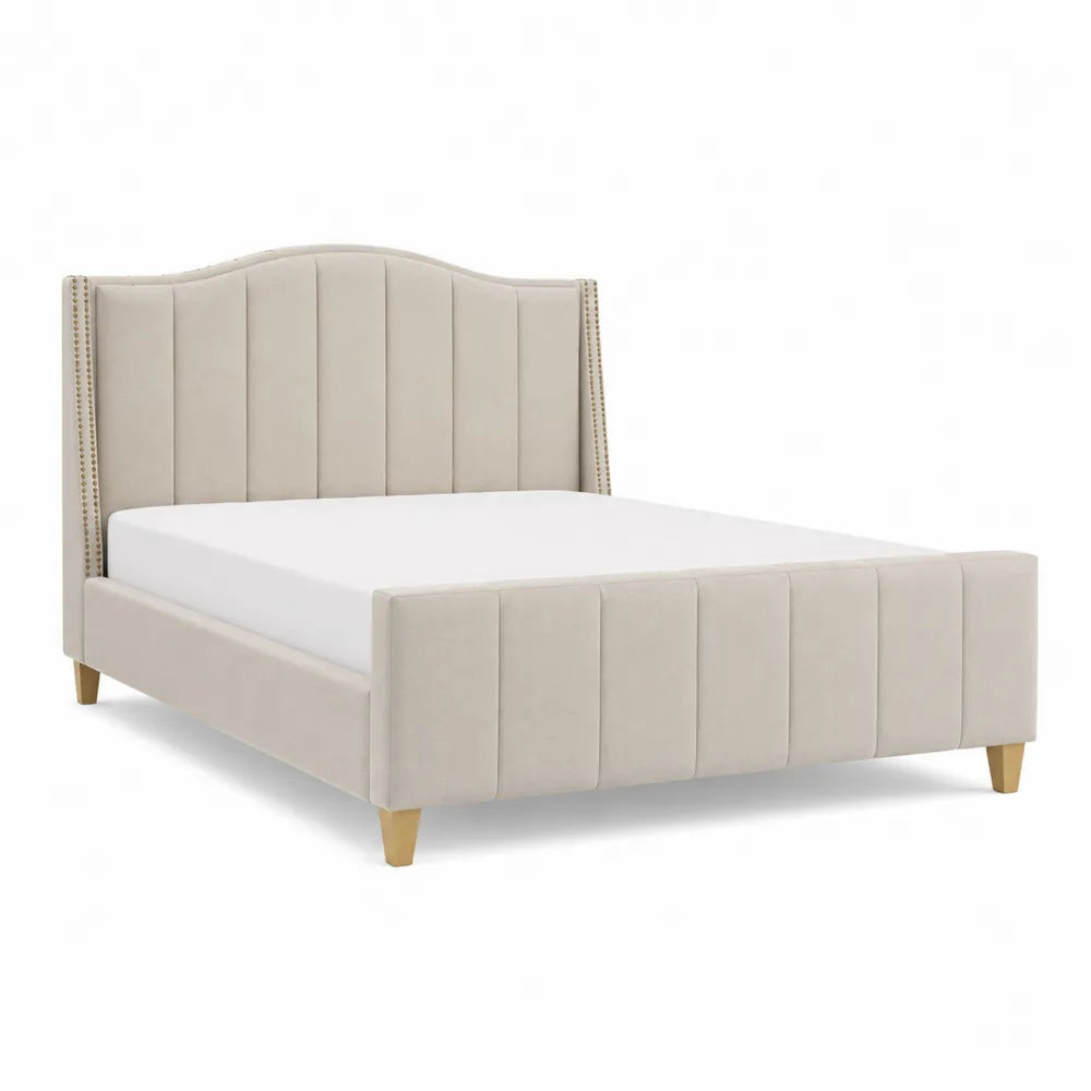 Polsterbett Doppelbett 180x200 cm MDF Holzwerkstoff Polyesterbezug Creme mit gepolstertem Kopfteil und Fußteil