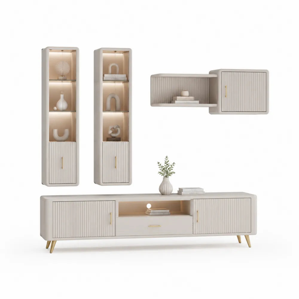 TV Wohnwand Set 300 x 40 cm MDF mit Lowboard Vitrinen Wandschrank LED Beleuchtung Weiß Eiche Rechteckig