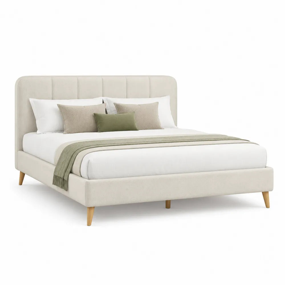 Polsterbett Doppelbett Polyesterbezug Beige gepolstertes Kopfteil 180 x 200 cm