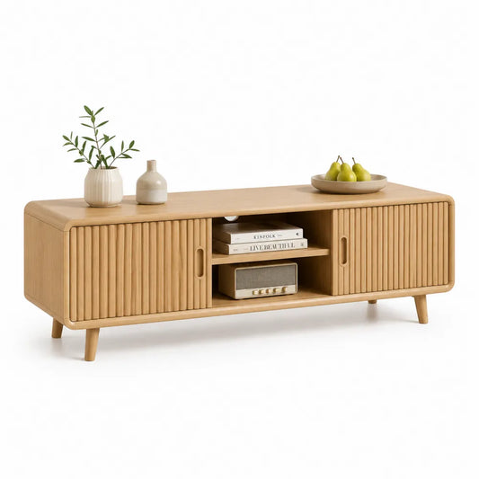 TV Lowboard 180x40x55 cm MDF Türen offenes Fach Holzbeine Eiche Natur