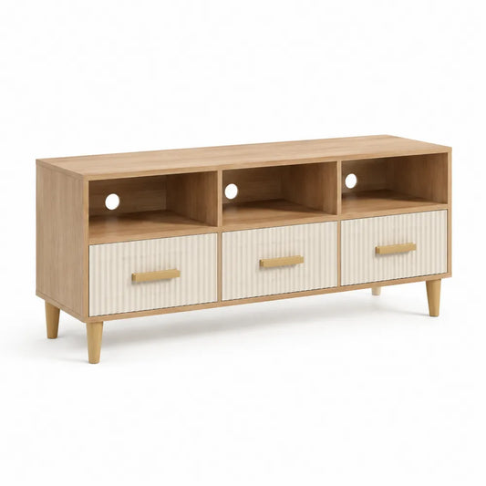 TV Lowboard 200x40x55 cm MDF Holzwerkstoff Eiche Weiß mit Schubladen und offenen Fächern