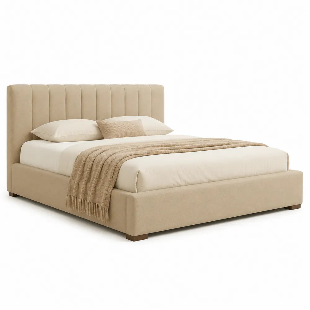 Polsterbett Doppelbett Polyesterbezug Beige gepolstertes Kopfteil 180 x 200 cm