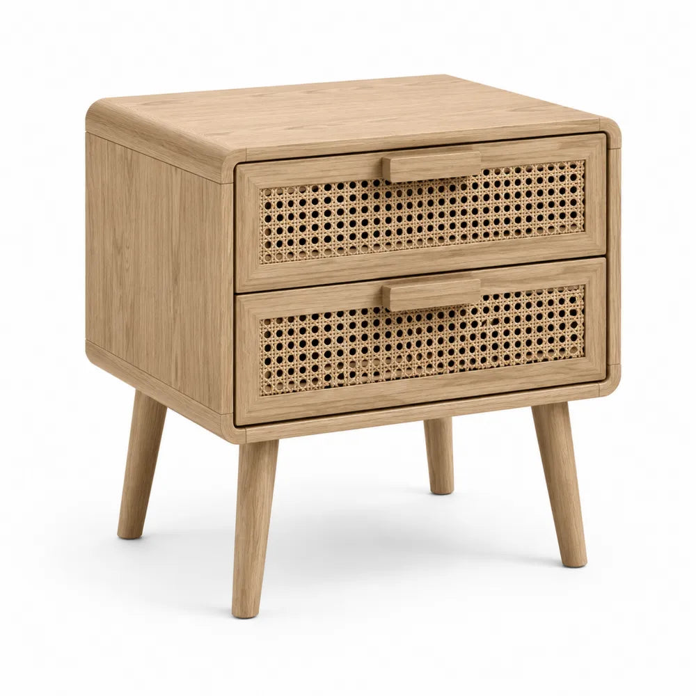 Nachttisch 50x40 cm MDF 2 Schubladen Rattanoptik Holzbeine Natur Rechteckig