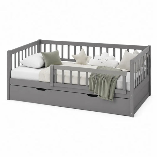 Kinderbett Tagesbett 90 x 200 cm Massivholz Rechteckig mit Rausfallschutz Schublade Grau