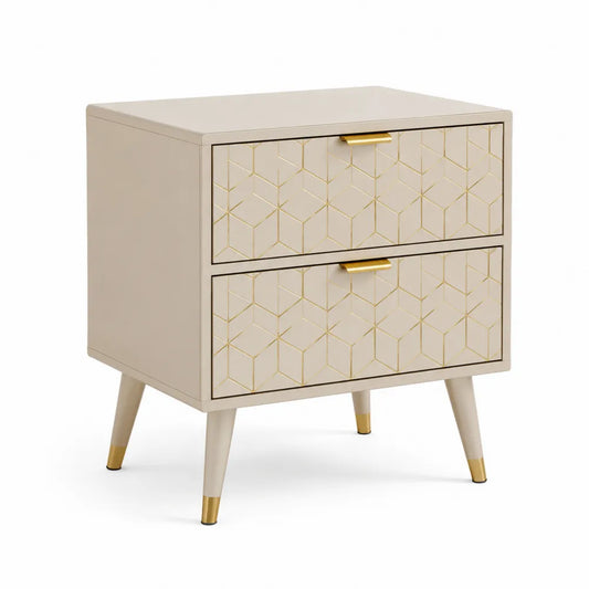 Nachttisch 60 x 40 cm MDF mit 2 Schubladen Metallfüßen Beige Gold Rechteckig